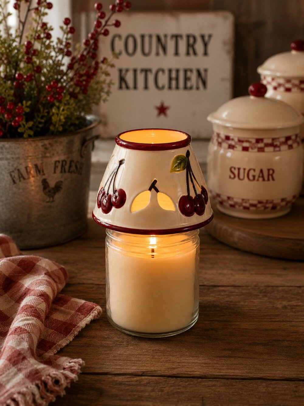Yankee Candle Style Cherry Ceramic Jar Candle Shade Topper